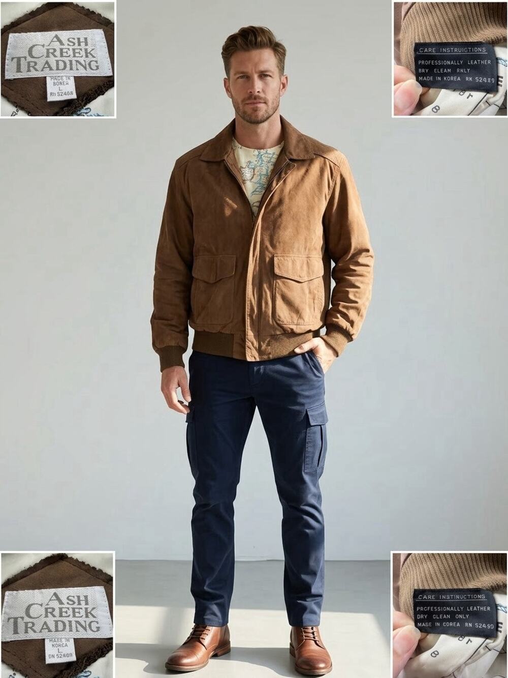 Ash Creek Trading Vintage Genuine Suede Bomber Jacket Mens L Brown Map Lining